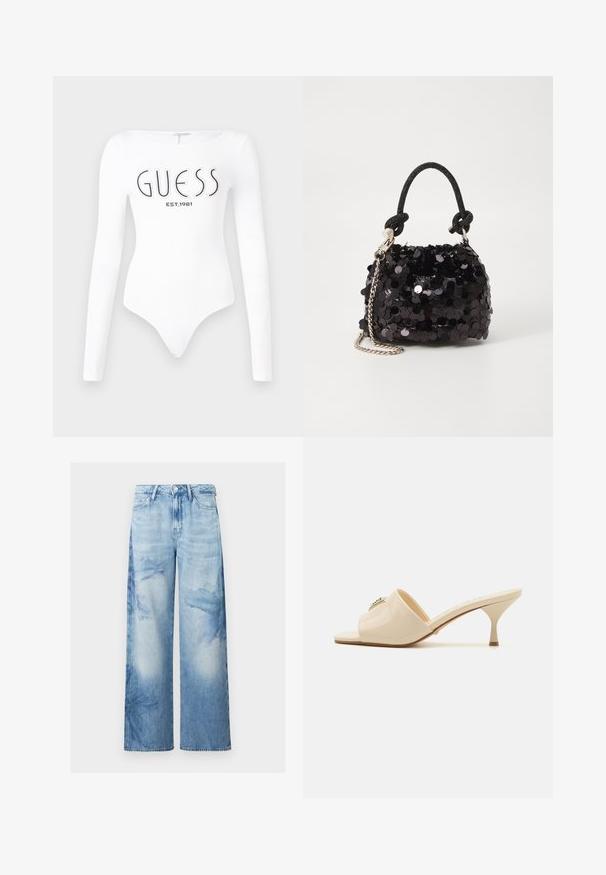 Bodysuit blanco de manga larga con escote redondo. Presenta el logo "GUESS" y "EST.1981" impresos en negro en la parte frontal. Textura suave.; Jeans de mezclilla de pierna ancha en azul claro con un estampado floral en acuarela a los lados. Presenta un diseño clásico de cinco bolsillos y un cierre de botón.; Sandalia mule abierta de piel sintética beige con tacón stiletto bajo. Presenta un acento decorativo central en la parte superior. Acabado suave y brillante.; Bolso de mano mini negro con lentejuelas, con una correa de textura anudada y cadena plateada. Forma redondeada con parte superior fruncida y detalles reflectantes.