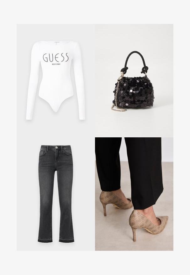 Biely dlhý rukáv body s okrúhlym výstrihom. Na prednej strane sa nachádza čierne logo "GUESS" a nápis "EST.1981". Hladká textúra.; Rozšírené džínsy v tmavošedej denimovej látke s vyblednutou textúrou, so zapínaním na predný gombík, zipsom a piatimi vreckami.; Béžové lodičky na vysokom opätku s textúrovanou tkaninou a opakujúcim sa vzorom. Dizajn so špicatou špičkou, zadným akcentom a zlatým detailom na opätku.; Čierna mini kabelka so štrasom, s uzlovým textúrovaným popruhom a strieborným reťazom. Guľatý tvar s riaseným vrchom a reflexnými detailmi.