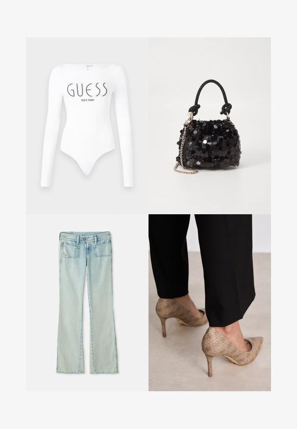 Witte lange mouw bodysuit met een ronde hals. Voorzien van het 'GUESS' logo en 'EST.1981' in het zwart gedrukt op de voorkant. Soepele textuur.; Lichtblauwe jeans van denim, met een recht gesneden ontwerp, twee voorzakken en twee achterzakken. Verbleekte structuur over het geheel.; Beige hoge hakken met een gestructureerde stof met een herhalend patroon. Puntige neusontwerp met een achteraccent en gouden hakdetail.; Zwarte pailletten mini handtas met een geknoopte textuurriem en zilveren ketting. Rondvormig met een geplooide bovenkant en reflecterende details.