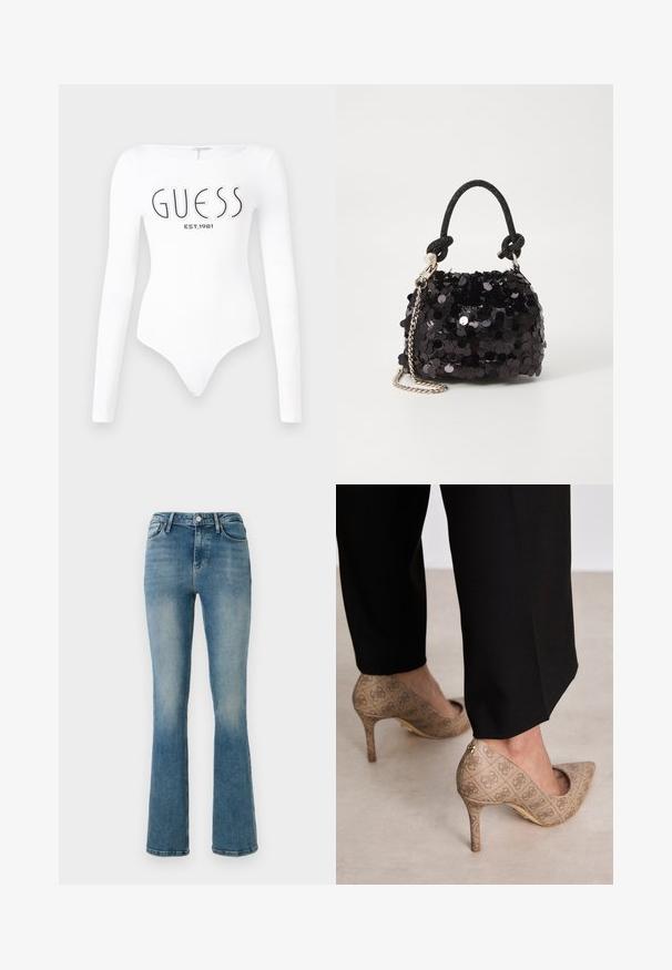 Bodysuit blanco de manga larga con escote redondo. Presenta el logo "GUESS" y "EST.1981" impresos en negro en la parte frontal. Textura suave.; Jeans acampanados de mezclilla de color azul claro con cinco bolsillos, una cintura alta y detalles de costura. La tela presenta un lavado ligeramente deslavado y una textura suave.; Zapatos de tacón altos beige con una tela texturizada que presenta un patrón repetitivo. Diseño de punta afilada con un acento en la parte trasera y detalle de tacón dorado.; Bolso de mano mini negro con lentejuelas, con una correa de textura anudada y cadena plateada. Forma redondeada con parte superior fruncida y detalles reflectantes.