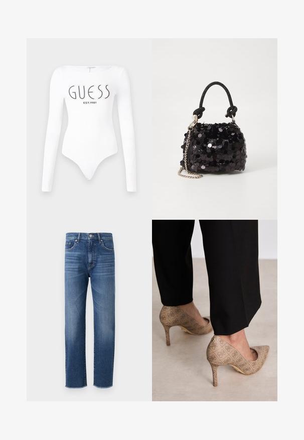 Hvit langermet bodysuit med rund halslinning. Har "GUESS"-logo og "EST.1981" trykt i svart på forsiden. Glatt tekstur.; Blå denimjeans med en rette ben-design, med en falmet finish, fem-lomme stil og en frynset søm.; Beige høyhælte sko med teksturert stoff som har et gjentatt mønster. Spiss tådesign med bakdetalj og gullhelsjekk.; Svart paljettmini-veske med en knyttet teksturert stropp og sølvkjede. Rund form med samlet topp og reflekterende detaljer.