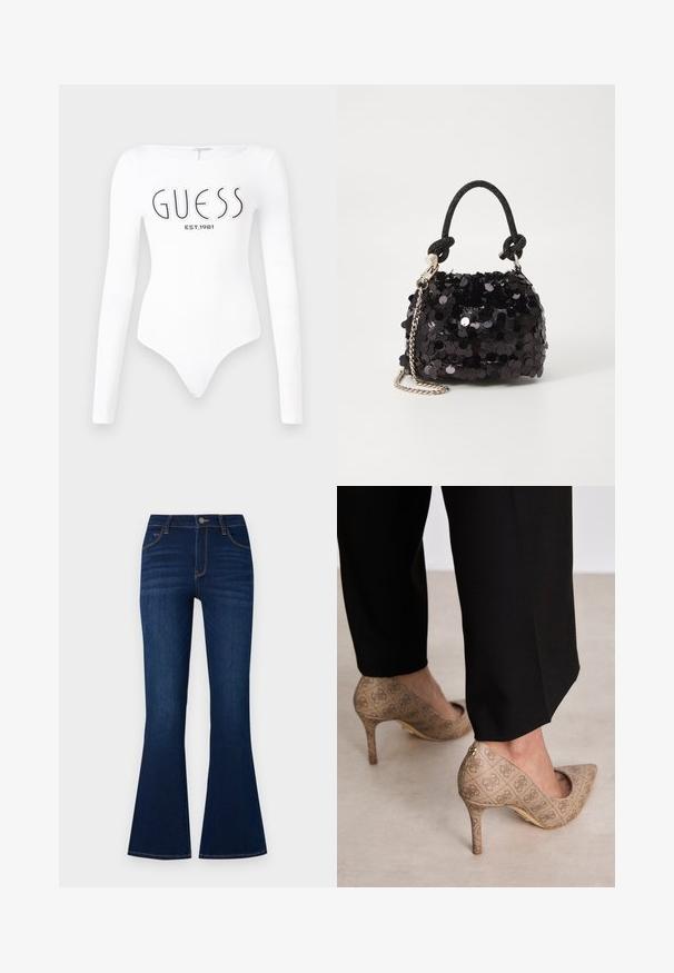 Bodysuit blanco de manga larga con escote redondo. Presenta el logo "GUESS" y "EST.1981" impresos en negro en la parte frontal. Textura suave.; Vaqueros acampanados de color azul oscuro en tela de mezclilla. Cuenta con una cintura alta, cinco bolsillos, costuras naranjas y un cierre de botón metálico.; Zapatos de tacón altos beige con una tela texturizada que presenta un patrón repetitivo. Diseño de punta afilada con un acento en la parte trasera y detalle de tacón dorado.; Bolso de mano mini negro con lentejuelas, con una correa de textura anudada y cadena plateada. Forma redondeada con parte superior fruncida y detalles reflectantes.