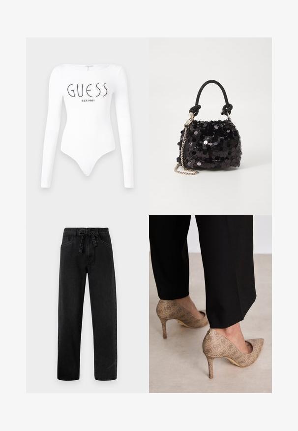 Bela dolgimi rokavi body s krožnim izrezom. Na sprednji strani je natisnjen logotip "GUESS" in "EST.1981" v črni barvi. Gladka tekstura.; Črne denim hlače z elastičnim pasom na vrvico, ravnim krojem, petimi žepi in rahlo zbledelim videzom.; Bež čevlji na visokem petem z teksturirano tkanino, ki ima ponavljajoč vzorec. Oblika z ostrim nosom z zadaj poudarjenim delom in zlatim podplatom.; Črna mini torbica s palčkami iz bleščic, z vozlanim teksturiranim trakom in srebrnima verigama. Okrogla oblika z nabranim vrhom in odsevnimi detajli.