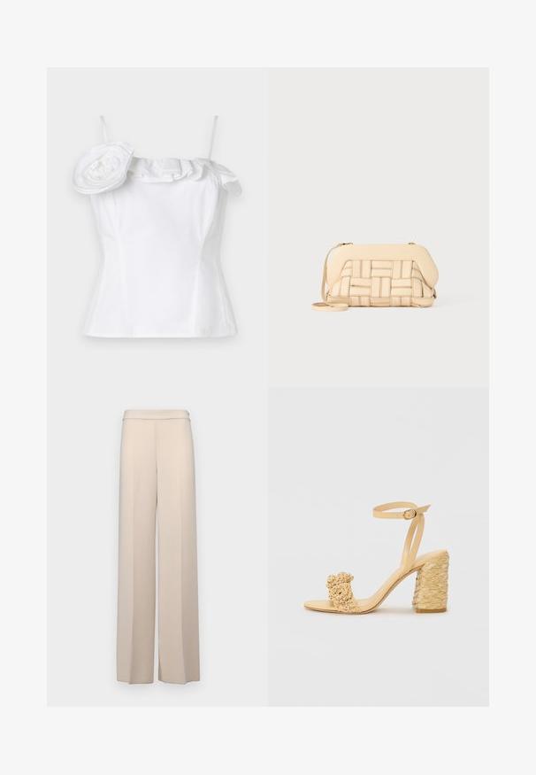 Baltas bezpiedurkņu tops ar viļņotu kakla līniju un lielu dekoratīvu ziedu akcentu vienā pusē; gluda tekstūra, pieguļošs dizains.; Beige platmalējošas bikses no gludas auduma, ar augstu jostasvietu un vieglām priekšējām krokām. Nav kabatu vai redzamu detaļu.; Bēšas augstpapēžu sandaļi ar pītas faktūras dizainu, kas ietver dekoratīvu ziedu un potītes siksnu. Kvadrātveida papēdis nodrošina stabilitāti.; Austākts bežs rokassoma ar strukturētu dizainu, kurai ir gluda virsma un garš siksna. Tekstūras detalizācija uzlabo kopējo izskatu.