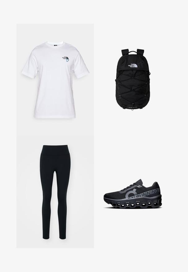 The North Face EXPLORE RELAXED UNISEX biały; Czarne legginsy wykonane z elastycznego materiału z wysokim stanem. Gładka tekstura, dopasowany krój i brak widocznych zdobień lub wzorów.; Czarne buty do biegania z teksturowaną siateczką na górze, z wyraźnym logo i odblaskowymi akcentami. Gruba piankowa podeszwa z sześciokątnymi wycięciami.; Czarny plecak z zamykaną główną komorą, elastycznym projektem bungee, wyściełanymi szelkami i logo z przodu; wykonany z trwałego materiału.