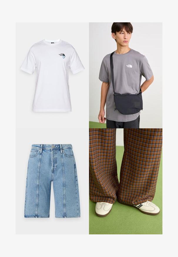 The North Face EXPLORE CARABINER RELAXED TEE UNISEX - T-shirts med print - white; Lys blå denimshorts med rett snitt, fem lommer, og subtil falming, med metallknapper og sømdetaljer.; Brune og blå rutete vide bukser sammen med hvite sko med svarte detaljer og teksturerte såler, satt mot en grønn bakgrunn.; Svart nylon crossover-veske med justerbar stropp, med snøring og preget logo-detalj. Båret over en grå t-skjorte.