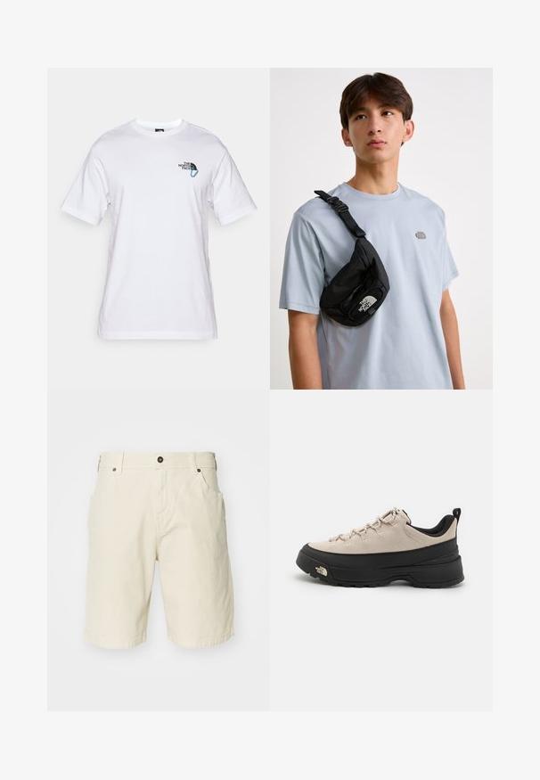The North Face EXPLORE CARABINER RELAXED TEE UNISEX - Potiskana majica - white; Bež hlače iz bombaža s ravnim krojem, z zadrgo, sprednjimi žepi in šivanimi robovi. Gladka tekstura in minimalističen dizajn.; Bež usnjeni planinski čevlj z črnim gumijastim podplatom, teksturiranimi detajli in odbojnimi vezalkami. Ima zanka za lažje obuvanje.; Črn najlonov crossbody nahrbtnik z nastavljivim paščkom, ki ima vidno belo logotip. Nosi se čez svetlo modro majico. Preprost, funkcionalen dizajn.