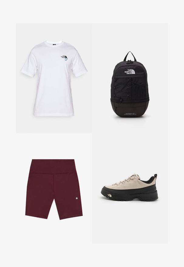 The North Face EXPLORE CARABINER RELAXED TEE UNISEX - T-shirt con stampa - white; Pantaloni sportivi bordeaux con una texture liscia, dotati di una vita ampia e un sottile dettaglio del logo vicino all'orlo. Design di lunghezza a metà coscia.; Scarpa da trekking beige in suede con suola in gomma nera, dettagli testurizzati e lacci riflettenti. Caratterizzata da un tassello per facilitare indossarla.; Zaino nero realizzato in tessuto resistente, con parte superiore con zip, cordini elasticizzati regolabili, tasca laterale in rete e logo sul davanti.