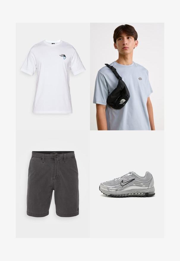 The North Face EXPLORE CARABINER RELAXED TEE UNISEX - Tričko s potlačou - white; Šedé bavlnené šortky s gombíkovým zapínaním, štyrmi vreckami a tkanou nášivkou na leme, so strihom do rovna a hladkou textúrou.; Sivé tenisky Nike Air Max s vrchnou časťou z jemnej siete a syntetického materiálu, vlnkovým dizajnom, čiernymi akcentmi a viditeľnou vzduchovou tlmiacou jednotkou.; Čierna nylonová crossbody taška s nastaviteľným popruhom, so zaslúženým bielym logom. Nosená cez svetlomodré tričko. Jednoduchý, funkčný dizajn.