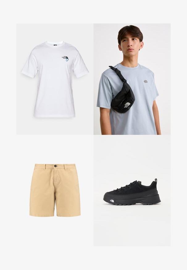 The North Face EXPLORE CARABINER RELAXED TEE UNISEX - Camiseta estampada - white; Pantalones cortos de algodón beige con cierre de botón, bolsillos frontales y trabillas para cinturón. Diseño sencillo con corte recto y textura suave.; Zapatilla negra de exterior con parte superior de ante, suela de goma texturizada y un sólido sistema de cordones. Cuenta con un talón reforzado y el logotipo de la marca en el lateral.; Bolso cruzado negro de nailon con correa ajustable, que presenta un prominente logo blanco. Llevado sobre una camiseta de color azul claro. Diseño simple y funcional.