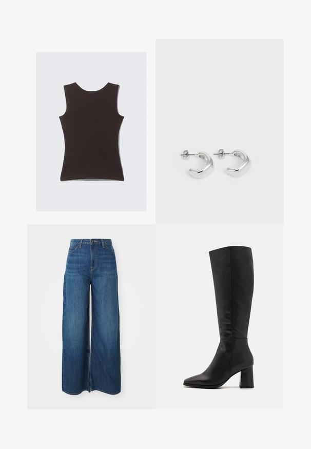 Top sin mangas de color marrón oscuro, hecho de una tela suave. Presenta un escote redondo y una textura lisa, sin patrones ni acentos visibles.; Pantalones vaqueros de cintura alta y pierna ancha de mezclilla azul con bolsillos frontales, cinturoneras, cierre de botón y costuras visibles sobre un fondo blanco.; Bota negra hasta la rodilla hecha de cuero suave. Presenta una punta afilada y un tacón bloque grueso y texturizado. Detalles de costura mínimos.; Pendientes de aro de plata con un acabado suave y pulido. Forma redonda con un diseño ligeramente curvado y bordes suaves. Cierre de pin.