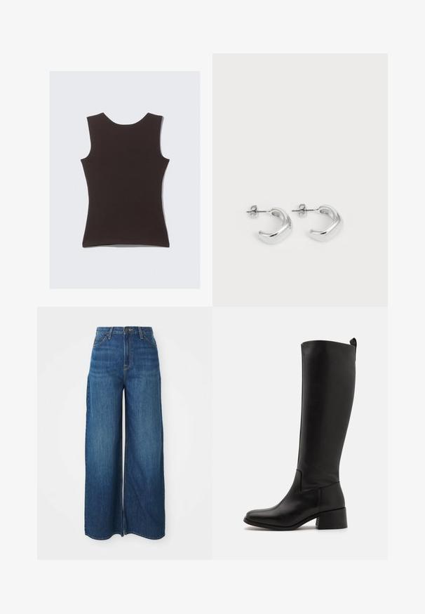Bezramionkowa ciemno-brązowa bluzka wykonana z miękkiego materiału. Posiada okrągły dekolt i gładką teksturę, bez widocznych wzorów czy akcentów.; Jeansy z kolorze niebieskim, o wysokim stanie i szerokich nogawkach, z kieszeniami z przodu, szlufkami na pasek, zapięciem na guzik i widocznym przeszyciem na białym tle.; Czarna, sięgająca kolan, boot z gładkiej skóry, z szerokim obcasem, zaokrąglonym czubkiem i eleganckim, nieskrępowanym designem.; Srebrne kolczyki w kształcie obręczy z gładkim, wypolerowanym wykończeniem. Okrągły kształt z lekko zakrzywionym wzornictwem i zaokrąglonymi krawędziami. Zapięcie na szpilkę.