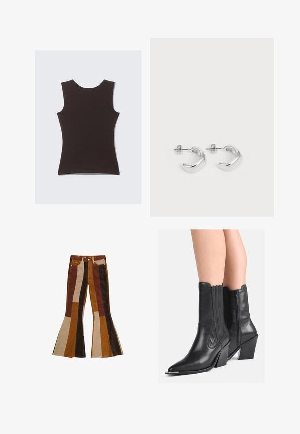 Top sans manches marron foncé en tissu doux. Doté d'un col rond et d'une texture lisse, sans motifs ou accents visibles.; Pantalons en velours côtelé évasés avec des rayures verticales dans des tons de marron, de beige et de moutarde. Design distinctif avec une taille haute et cinq poches.; Bottes de cowboy en cuir noir jusqu'aux mollets avec pointes, talons empilés, fermeture éclair sur le côté et couture décorative, portées sur des jambes nues.; Boucles d'oreilles en argent en forme de hoops avec une finition lisse et polie. Forme ronde avec un design légèrement courbé et des bords fondus. Fermeture à pin.