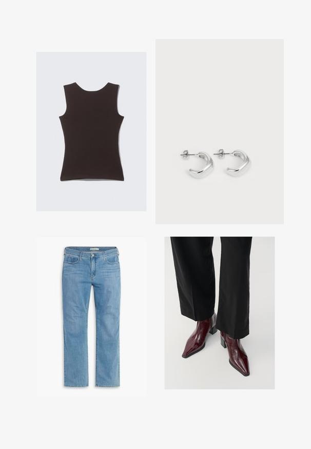 Bežėnė tamsiai rudos spalvos palaidinė be rankovių, pagaminta iš minkštos medžiagos. Ji turi apvalią iškirptę ir lygų paviršių, be matomų raštų ar akcentų.; Šviesiai mėlynos tiesios kojų džinsai su penkiomis kišenėmis, sagos uždarymu ir diržo kilpomis, pagaminti iš minkšto džinsinio audinio su švelniu blukimu.; Burgundių spalvos patentinės odos aulinukai su smailiu nosiu, stambiu kulnu ir tekstūruotu paviršiumi, derinami su juodomis plačiomis kelnėmis.; Sidabrinės auskarų kilpos su lygiu, blizgiu paviršiumi. Apvalios formos su šiek tiek išlenktu dizainu ir sumaišytomis briaunomis. Smeigtuko užsegimas.