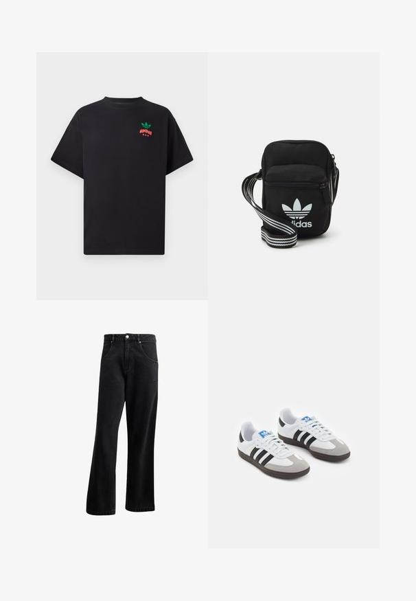 Sort bomulds T-shirt med korte ærmer, der har et grønt og rødt Adidas-logo design på brystet. Enkel, afslappet pasform.; Sorte denim jeans med straight-leg design, der har frontlommer, en knaplukning og en let tekstur. Inkluderer en diskret logo detalje.; Sportsko med en overdel i hvid læder, grå ruskind på tåen og tre sorte striber. Har et blåt logo på tungen og en struktureret gummisål.; Sort stof crossbody tas med lynlås, der har et hvidt Adidas-logo og en stribet justerbar rem for nem bæring.