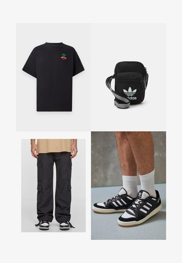 Zwarte katoenen t-shirt met korte mouwen, met een groen en rood Adidas-logo ontwerp op de borst. Eenvoudige, ontspannen pasvorm.; Zwarte cargobroek van katoen, met meerdere zijvakken, een losse fit en verstelbare banden bij de enkels. Gecombineerd met zwart-witte sneakers.; Zwart-witte sneakers met een bovenwerk van suede en leer, voorzien van drie witte strepen, een geperforeerde neus en een rubberen gumzool.; Zwarte stoffen schoudertas met een ritssluiting, voorzien van een wit Adidas-logo en een gestreepte, verstelbare schouderband voor gemakkelijk dragen.