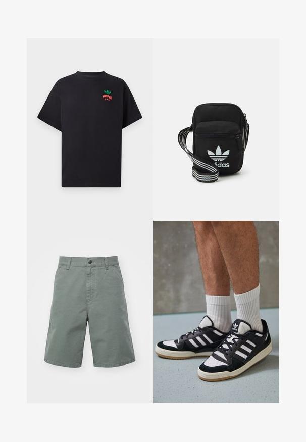 Camiseta de algodón negra de manga corta, con un diseño del logo de Adidas en verde y rojo en el pecho. Corte simple y relajado.; Pantalones cortos de algodón verde claro con cierre de botón, trabillas para cinturón y bolsillos laterales. Presentan un corte recto y una textura ligera.; Zapatillas en blanco y negro con parte superior de ante y cuero, que presentan tres franjas blancas, una puntera perforada y una suela de goma.; Bolso cruzado de tela negra con cierre de cremallera, que presenta un logo blanco de Adidas y una correa ajustable a rayas para un fácil transporte.