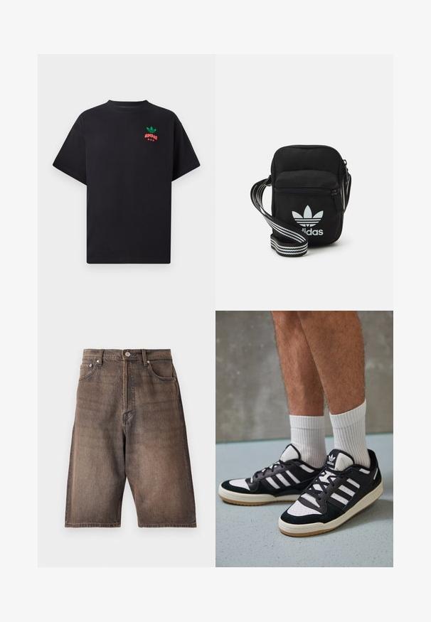 Crna pamučna majica kratkih rukava s zelenim i crvenim Adidas logotipom na prsima. Jednostavan, opušteni kroj.; Traper šorc u izblijedjeloj smeđoj boji s ravnim krojem. Ima pet džepova, petlje za remen i kopčanje na dugme u struku.; Crne i bijele tenisice s gornjim dijelom od antilopa i kože, s tri bijele pruge, perforiranim prstom i gumiranim potplatom.; Crna crossover torba od tkanine sa zatvaračem, sa bijelim Adidas logotipom i prugastim podešivim remenom za lako nošenje.