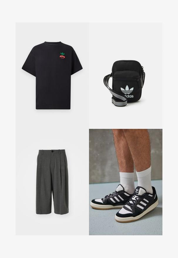 Črna bombažna majica s kratkimi rokavi, ki ima na prsih dizajn logotipa Adidas v zeleni in rdeči barvi. Preprost, sproščen kroj.; Sive prugaste široke kratke hlače z zapiranjem na gumb in nagubanimi sprednjimi deli. Narejene iz teksturiranega blaga, z izdelanim dizajnom.; Črno-bele superge z zgornjim delom iz usnja in nubuka, ki imajo tri bele črte, perforiran vrh prstov in podplat iz gume.; Črna tkaninska torbica čez ramo z zadrgo, ki vsebuje belo Adidasovo logo in pridelano naramnico z več črtami za enostavno nošenje.