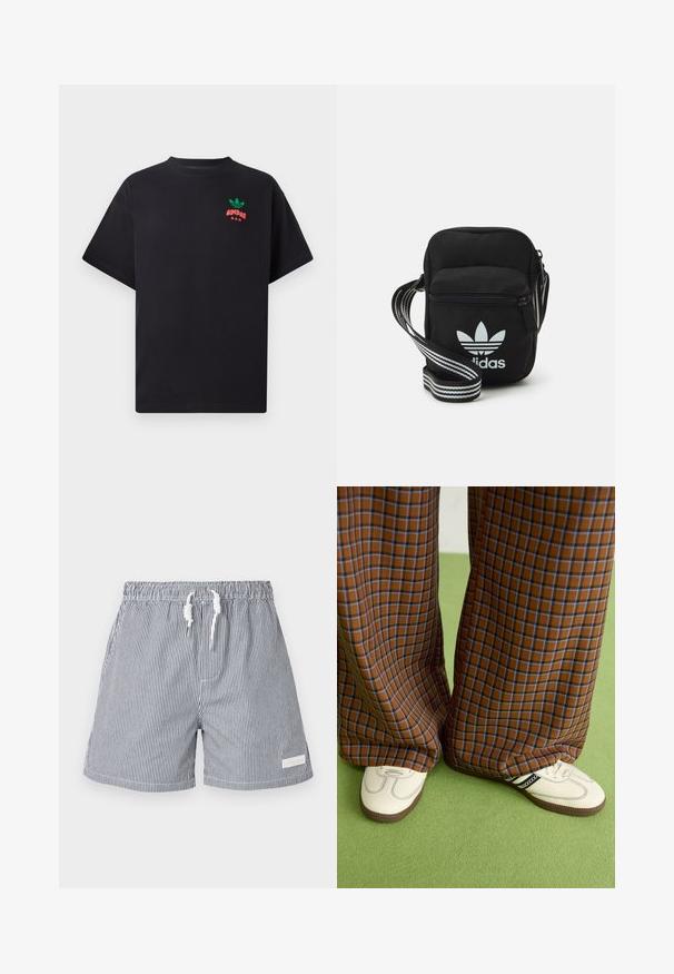 Juodas medvilnės marškinėliai trumpomis rankovėmis, su žaliu ir raudonu Adidas logotipu ant krūtinės. Paprastas, laisvas siluetas.; Juostuoti maudymosi šortai tamsiai mėlynos ir baltos spalvų. Pagaminti iš lengvos medžiagos, su elastinga juosmens juosta, raišteliu ir šoninėmis kišenėmis.; Rudos ir mėlynos langelinės plačios kelnės, derinamos su baltais batais su juodais akcentais ir tekstūruotais padais, prieš žalią foną.; Juodas audinio per petį nešiojamas krepšys su užtrauktuku, turintis baltą Adidas logotipą ir dryžuotą reguliuojamą diržą patogiam nešiojimui.