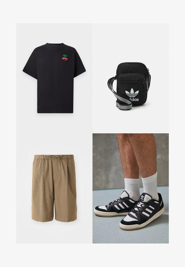 T-shirt di cotone nero con maniche corte, dotato di un design del logo Adidas verde e rosso sul petto. Taglio semplice e rilassato.; Bermuda marroni con pieghe, dotate di una cintura elastica e di un lacciolo regolabile. Realizzate in un tessuto leggero e liscio, con gambe a taglio dritto.; Sneaker bianco e nero con tomaia in suede e pelle, caratterizzati da tre strisce bianche, punta perforata e suola in gomma naturale.; Borsa a tracolla in tessuto nero con chiusura a zip, caratterizzata da un logo Adidas bianco e una tracolla regolabile a righe per un facile trasporto.