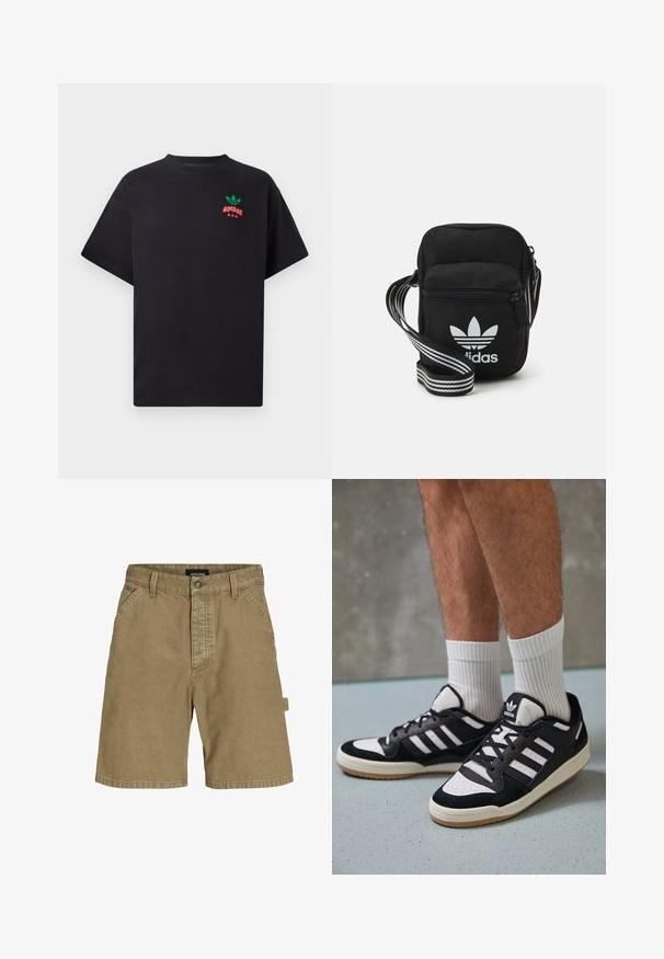 Čierne bavlnené tričko s krátkymi rukávmi, s dizajnom loga Adidas v zelenej a červenej farbe na hrudi. Jednoduchý, voľný strih.; Béžové bavlnené šortky so stredným strihom, s bočnými vreckami, predným zapínaním na gombík a logom na zadnej strane.; Čierno-biele tenisky s vrchom z semišu a kože, s troma bielymi pruhmi, perforovanou špičkou a gumovou podrážkou.; Čierna textilná crossbody taška so zipsovým uzáverom, ktorá má biele logo Adidas a pruhovaný nastaviteľný popruh pre jednoduché nosenie.