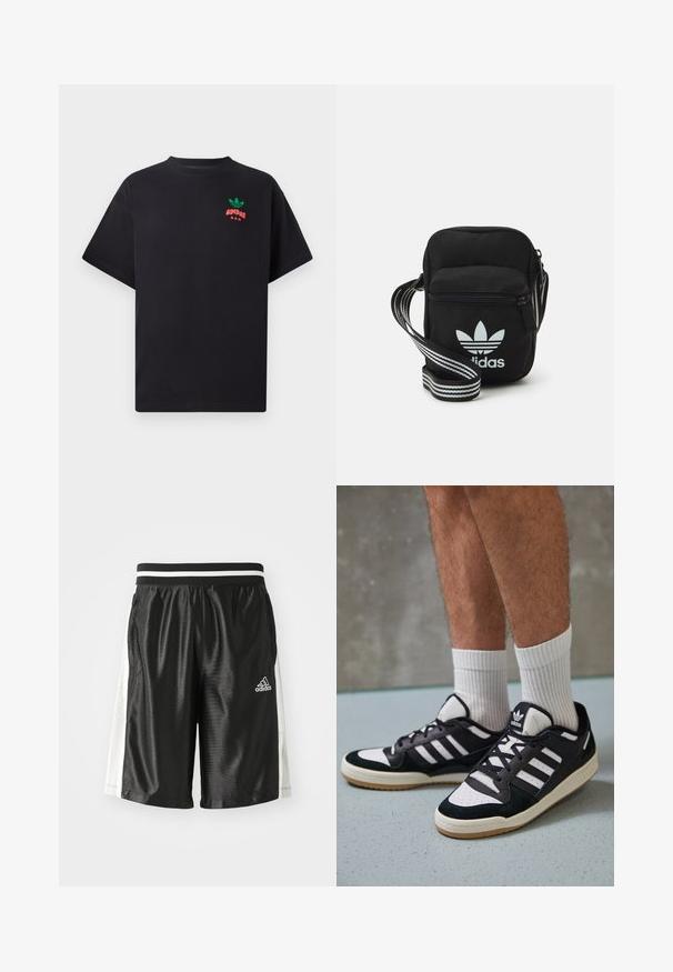 Μαύρο βαμβακερό μπλουζάκι με κοντά μανίκια, με σχέδιο λογότυπου Adidas σε πράσινο και κόκκινο χρώμα στο στήθος. Απλή, άνετη εφαρμογή.; Μαύρα αθλητικά σορτς με λεία υφή, ελαστική μέση με λευκές ρίγες και πλέγμα πλάγια για αναπνευστικότητα. Παρών ο λογότυπος της Adidas.; Μαύρα και λευκά αθλητικά παπούτσια με άνω μέρος από σουέτ και δέρμα, featuring τρεις λευκές ρίγες, περατά δάχτυλα και σόλα από καουτσούκ τύπου γκαστ. ; Μαύρη τσάντα ώμου με φερμουάρ, που διαθέτει το λευκό λογότυπο της Adidas και ρυθμιζόμενη ριγέ θηλιά για εύκολη μεταφορά.