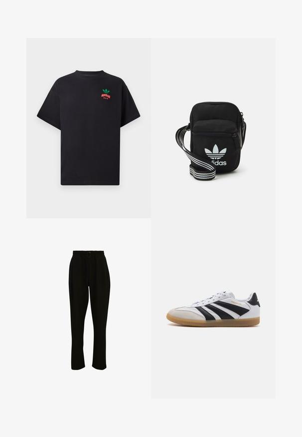 Sort bomulds T-shirt med korte ærmer, der har et grønt og rødt Adidas-logo design på brystet. Enkel, afslappet pasform.; Sorte, ribbede bukser med en elastisk talje, der har snørebånd og brede ben. Stoffet er blødt med en glat overflade.; Hvide lædersneakers med sorte striber og detaljer, grå ruskind toe cap og gummisål; har snørrestil og 'Predator'- branding.; Sort stof crossbody tas med lynlås, der har et hvidt Adidas-logo og en stribet justerbar rem for nem bæring.