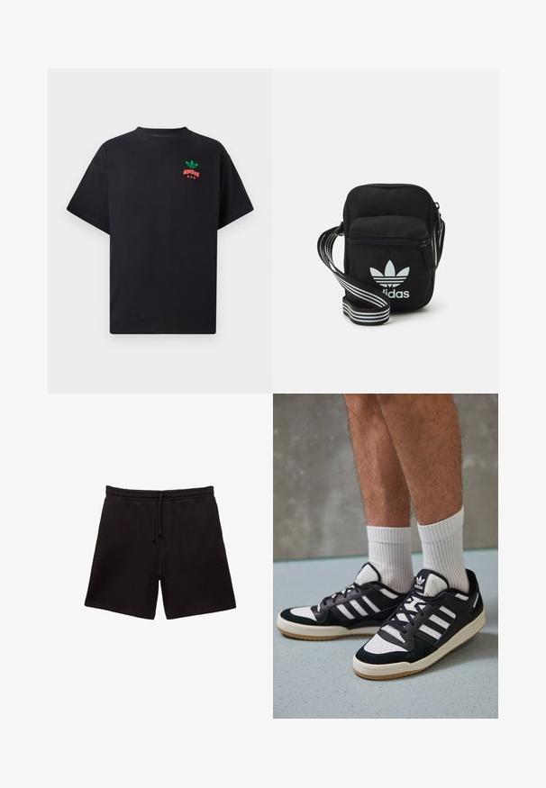 Tricou negru din bumbac cu mâneci scurte, având un design cu logo-ul Adidas verde și roșu pe piept. Simplu, cu un croi lejer.; Shorts negri din bumbac cu un șnur pentru talie, având două buzunare frontale și o textură moale și netedă.; Adidași negri și albi cu un superior din suede și piele, prevăzuți cu trei dungi albe, un vârf perforat și o talpă din cauciuc caramel.; Geantă de umăr din material textil negru, cu închidere cu fermoar, având un logo Adidas alb și o curea ajustabilă cu dungi pentru o transportare ușoară.