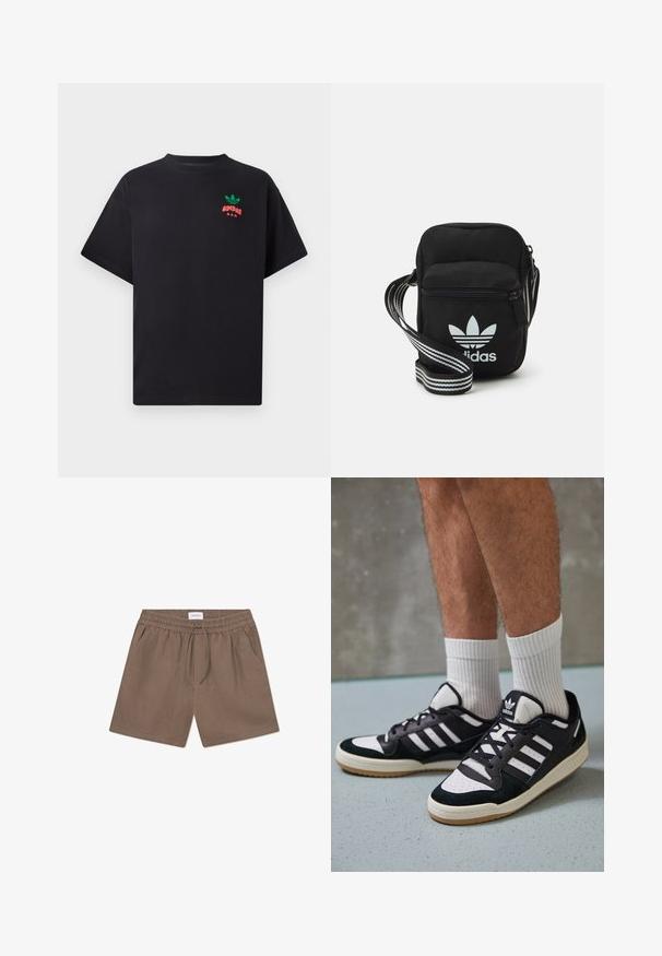 Sort bomulds T-shirt med korte ærmer, der har et grønt og rødt Adidas-logo design på brystet. Enkel, afslappet pasform.; Brune linned shorts med elastisk talje, snørelukning og sidelommer. Glat tekstur og afslappet design.; Sorte og hvide sneakers med en overdel i ruskind og læder, der har tre hvide striber, en perforeret tå og en sål i gummigummi.; Sort stof crossbody tas med lynlås, der har et hvidt Adidas-logo og en stribet justerbar rem for nem bæring.