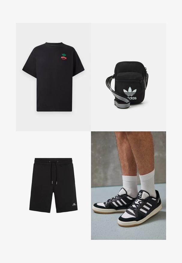 Camiseta de algodón negra de manga corta, con un diseño del logo de Adidas en verde y rojo en el pecho. Corte simple y relajado.; Pantalones cortos de forro polar negros con cintura elástica y cordón. Cuenta con dos bolsillos laterales y un logo blanco en la parte inferior de la pierna izquierda.; Zapatillas en blanco y negro con parte superior de ante y cuero, que presentan tres franjas blancas, una puntera perforada y una suela de goma.; Bolso cruzado de tela negra con cierre de cremallera, que presenta un logo blanco de Adidas y una correa ajustable a rayas para un fácil transporte.