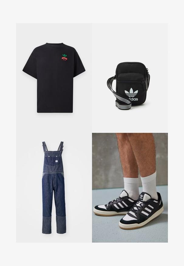 Black cotton t-shirt with short sleeves, featuring a green and red Adidas logo design on the chest. Simple, relaxed fit.; Blue denim overalls with striped shoulders, featuring a front pocket and a contrast striped pattern at the hems. Adjustable straps included.; Black and white sneakers with a suede and leather upper, featuring three white stripes, a perforated toe, and a gum rubber sole.; Black fabric crossbody bag with a zipper closure, featuring a white Adidas logo and a striped adjustable strap for easy carrying.