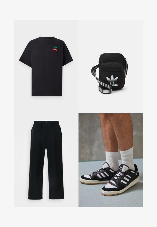Must mustri t-särk lühikeste varrukatega, millel on rinnal roheline ja punane Adidas logo disain. Lihtne, lõdva lõikega.; Kergedest kangast mustad püksid, millel on elastne vöökoht, reguleeritav pael, nööbiga sulgemine ja sirge lõige.; Mustvalged ja valged spordijalatsid, mille pealmine osa on valmistatud suede'ist ja nahast. Kingadel on kolm valget riba, auguline varvas ja kummist tald.; Mustmust värvi risti koti, millel on tõmblukuga sulgemine, valge Adidas'i logo ja triibuline reguleeritav rihm mugavaks kandmiseks.