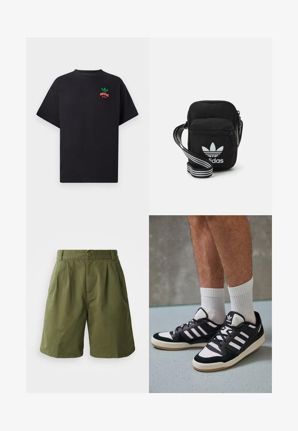 Černé bavlněné tričko s krátkými rukávy, s designem loga Adidas v zelené a červené barvě na hrudi. Jednoduchý, volný střih.; Olivové zelené šortky vyrobené z lehké tkaniny, s sklady vpředu, zapínáním na knoflík a bočními kapsami, s rovnými nohavicemi.; Černobílé tenisky s vrchní částí z semišové a kožené kůže, včetně tří bílých pruhů, perforovaného špičky a podrážky z gumy.; Černá crossbody taška z látky se zipovým uzávěrem, obsahující bílé logo Adidas a pruhovaný nastavitelný popruh pro snadné nošení.