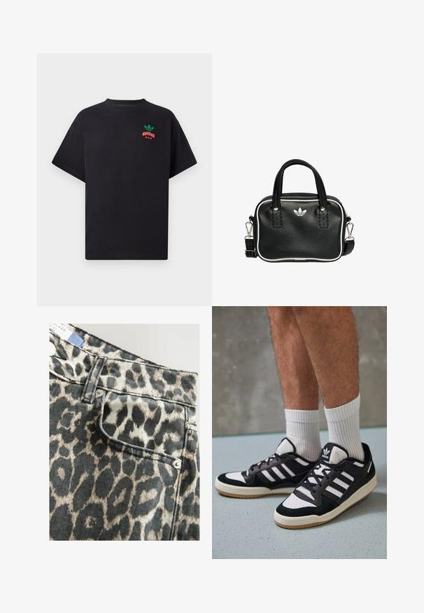 Camiseta de algodón negra de manga corta, con un diseño del logo de Adidas en verde y rojo en el pecho. Corte simple y relajado.; Pantalones cortos de mezclilla con estampado de leopardo, cintura estructurada, bolsillo frontal, en una combinación de colores negra y beige, acabados con herrajes de botón plateado.; Zapatillas en blanco y negro con parte superior de ante y cuero, que presentan tres franjas blancas, una puntera perforada y una suela de goma.; Bolso de mano de cuero negro con dos asas cortas, herrajes plateados, detalles en blanco y un logotipo blanco. Presenta una superficie texturada y un diseño compacto.