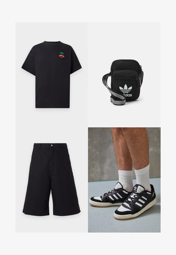 Zwarte katoenen t-shirt met korte mouwen, met een groen en rood Adidas-logo ontwerp op de borst. Eenvoudige, ontspannen pasvorm.; Zwarte katoenen shorts met een rechte snit, voorzien van zijzakken, een knoopsluiting en een textuur die geschikt is voor casual dragen.; Zwart-witte sneakers met een bovenwerk van suede en leer, voorzien van drie witte strepen, een geperforeerde neus en een rubberen gumzool.; Zwarte stoffen schoudertas met een ritssluiting, voorzien van een wit Adidas-logo en een gestreepte, verstelbare schouderband voor gemakkelijk dragen.