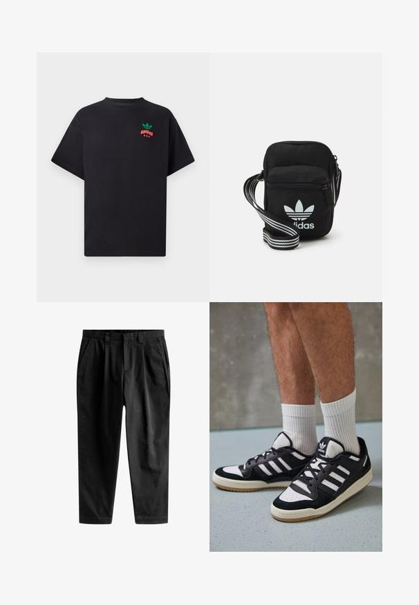 Black cotton t-shirt with short sleeves, featuring a green and red Adidas logo design on the chest. Simple, relaxed fit.; Black trousers made of smooth fabric, featuring a tailored fit, front pleats, and a classic waistband with belt loops.; Black and white sneakers with a suede and leather upper, featuring three white stripes, a perforated toe, and a gum rubber sole.; Black fabric crossbody bag with a zipper closure, featuring a white Adidas logo and a striped adjustable strap for easy carrying.