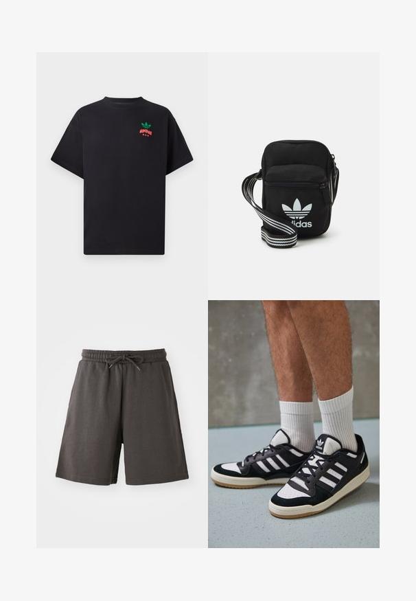 Must mustri t-särk lühikeste varrukatega, millel on rinnal roheline ja punane Adidas logo disain. Lihtne, lõdva lõikega.; Tumedast hallid lühikesed püksid, mis on valmistatud pehmest kangast. Painduva vöökoha ja reguleeritava paelaga, püksid ulatuvad põlvedeni. Sile tekstuur, mustrid puuduvad.; Mustvalged ja valged spordijalatsid, mille pealmine osa on valmistatud suede'ist ja nahast. Kingadel on kolm valget riba, auguline varvas ja kummist tald.; Mustmust värvi risti koti, millel on tõmblukuga sulgemine, valge Adidas'i logo ja triibuline reguleeritav rihm mugavaks kandmiseks.