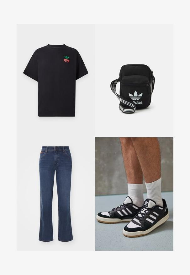 T-shirt de algodão preta com mangas curtas, apresentando um design do logótipo da Adidas em verde e vermelho no peito. Ajuste simples e relaxado.; Jeans escuros de corte flare em material de denim com cinco bolsos, fecho de botão e desbotamento suave nas pernas para textura e interesse visual.; Ténis em preto e branco com upper em camurça e couro, apresentando três riscas brancas, um toe perfurado e uma sola em borracha de goma.; Sacolinha transversal de tecido preto com fecho de zíper, apresentando um logo da Adidas em branco e uma alça ajustável listrada para facilitar o transporte.