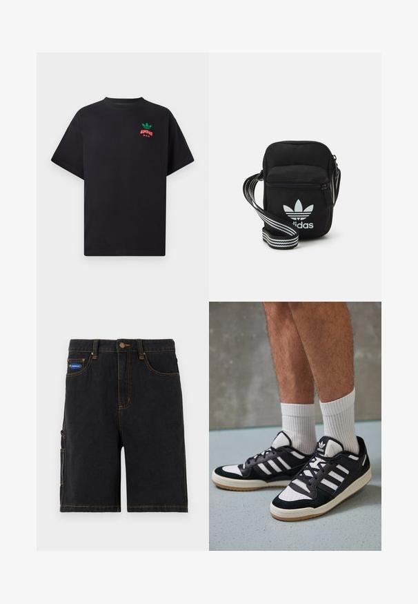 T-shirt en coton noir à manches courtes, avec un design de logo Adidas vert et rouge sur la poitrine. Coupe simple et décontractée.; Shorts en denim noir avec poches avant, une poche cargo sur le côté et des coutures orange. Dotés d'une fermeture à bouton en métal et d'un patch de marque.; Baskets noir et blanc avec une tige en suède et cuir, comportant trois rayures blanches, un bout perforé et une semelle en caoutchouc gum.; Sac bandoulière noir en tissu avec fermeture éclair, arborant un logo Adidas blanc et une sangle réglable rayée pour un port facile.