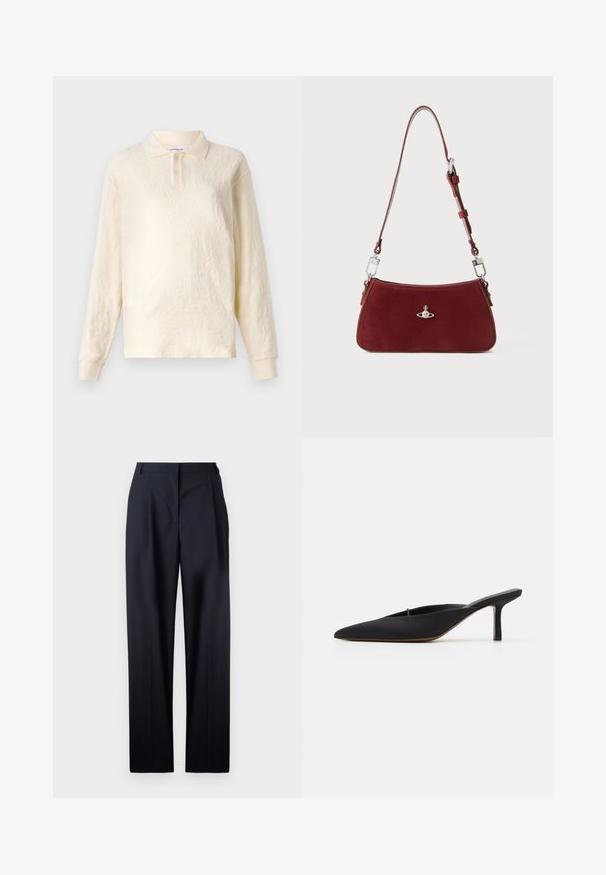 Polo a maniche lunghe color crema con tessuto texture, colletto a tre bottoni e maniche con polsini, caratterizzato da un delicato motivo floreale.; OFFICINE GENERALE NEW SOPHIE FRESCO - Pantaloni - dark navy; Mulo nero a punta con un design elegante, realizzato in tessuto morbido, con un tacco sottile e una parte posteriore aperta per un indossare facile.; Borsa a spalla in suede rosso con forma curva. Presenta un accento in tonalità argento e una tracolla regolabile con dettagli in metallo. Texture liscia.