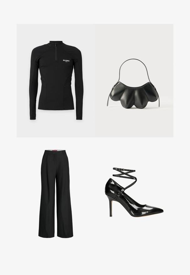 Maglietta sportiva nera a maniche lunghe realizzata in materiale elasticizzato, con colletto a zip quarti, tasche laterali e logo "SILENCE" sul petto.; Pantaloni neri a gamba larga con design sartoriale, caratterizzati da pince e una texture del tessuto liscia. Linee pulite e nessun hardware o accento visibile.; Pump alta in vernice nera con punta affusolata e cinturino avvolgente alla caviglia, caratterizzata da una finitura lucida e un tacco a stiletto.; Borsa a mano in pelle nera con un design curvo a forma di conchiglia, caratterizzata da una tracolla singola e una chiusura con zip. Texture liscia con dettagli cuciti.