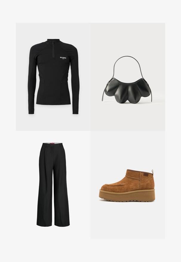 Black long-sleeve sports top made of stretchy material, featuring a quarter-zip collar, side pockets, and "SILENCE" logo on the chest.; Black wide-leg trousers with a tailored design, featuring pleats and a smooth fabric texture. Clean lines and no visible hardware or accents.; Brown suede ankle boots with a rounded toe, platform sole, and a stitched detail. Features a pull tab on the back for easy wear.; Black leather handbag with a curved shell-like design, featuring a single strap and a zipper closure. Smooth texture with stitched accents.