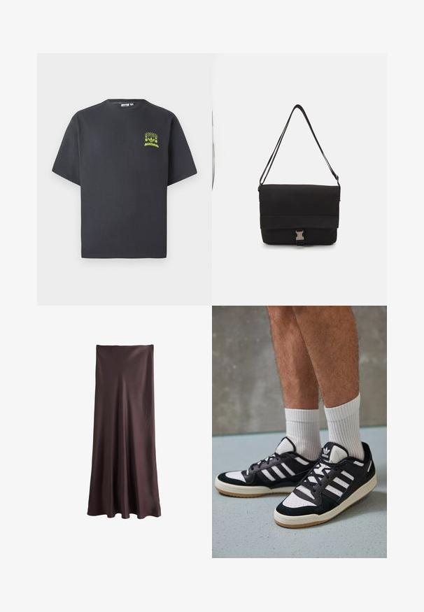 Charcoal gray Adidas T-shirt with short sleeves and a small neon green graphic of speakers, sun, and Adidas logo on left chest.; Brown, floor-length skirt made from smooth, lightweight fabric. Features a simple, flowing design with no visible patterns or accents.; Black and white sneakers with a suede and leather upper, featuring three white stripes, a perforated toe, and a gum rubber sole.; Black messenger bag made of smooth material, featuring a fold-over flap, silver clasp hardware, and an adjustable shoulder strap.