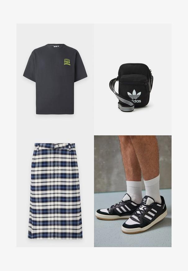 Charcoal gray Adidas T-shirt with short sleeves and a small neon green graphic of speakers, sun, and Adidas logo on left chest.; Plaid skirt in navy, white, and gray. Features a straight silhouette, button closure, and subtle texture with grid pattern.; Black and white sneakers with a suede and leather upper, featuring three white stripes, a perforated toe, and a gum rubber sole.; Black fabric crossbody bag with a zipper closure, featuring a white Adidas logo and a striped adjustable strap for easy carrying.