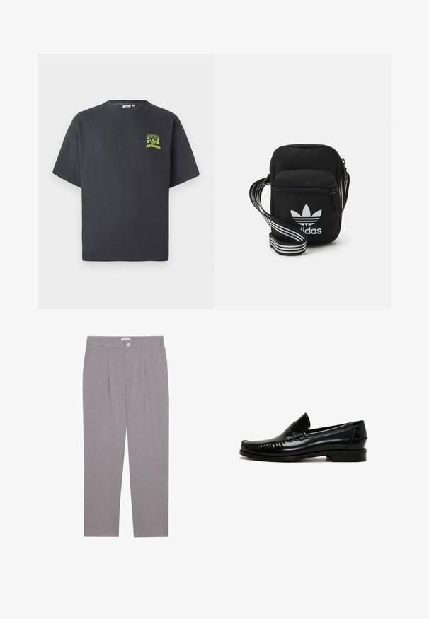 Koolgrijze Adidas T-shirt met korte mouwen en een kleine neon groene graphic van luidsprekers, zon en het Adidas-logo op de linkerkant van de borst.; Koolgrijze Adidas T-shirt met korte mouwen en een kleine neon groene graphic van luidsprekers, zon en het Adidas-logo op de linkerkant van de borst.; Koolgrijze Adidas T-shirt met korte mouwen en een kleine neon groene graphic van luidsprekers, zon en het Adidas-logo op de linkerkant van de borst.; Grijze tailored broek met rechte snit, voorzien van twee zijzakken, plooien en een knoopsluiting. Gemaakt van lichtgewicht stof.; Zwarte leren loafers met een ronde neus, gestikte details langs de randen en een lage blokhak. Gladde textuur en minimalistisch ontwerp.; Zwarte stoffen schoudertas met een ritssluiting, voorzien van een wit Adidas-logo en een gestreepte, verstelbare schouderband voor gemakkelijk dragen.