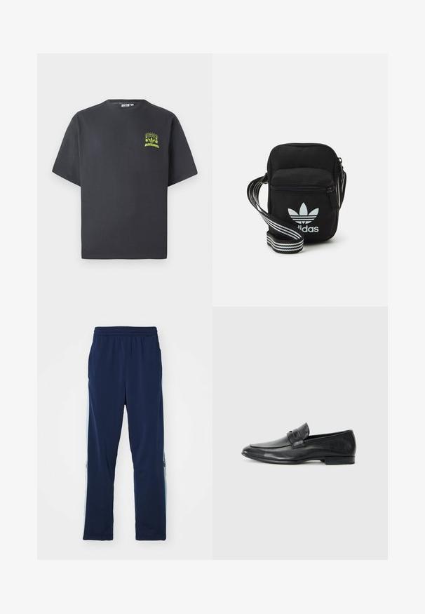 Charcoal gray Adidas T-shirt with short sleeves and a small neon green graphic of speakers, sun, and Adidas logo on left chest.; Navy track pants made of stretchy fabric, featuring a wide elastic waistband, straight cut, and light side panel accents with logos.; Black leather loafers featuring a rounded toe, stitched detailing, wide strap across the vamp, and a low, flat heel. Smooth finish.; Black fabric crossbody bag with a zipper closure, featuring a white Adidas logo and a striped adjustable strap for easy carrying.