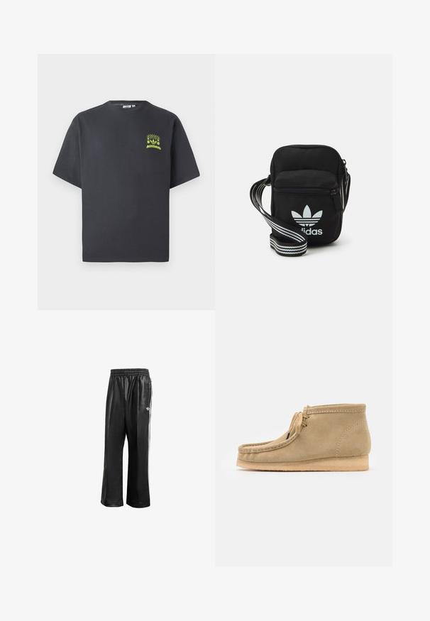 Črno-siva Adidas majica s kratkimi rokavi in majhnim neon zelenim grafičnim motivom z zvočniki, soncem in Adidasovim logotipom na levi strani prsnega koša.; Črne sintetične športne hlače z elastičnim pasom, z belimi stranskimi črtami in s majhnim belim logotipom na levem kolku.; Bež usnjeni gležnjarji s zaobljenim nosom, ravnim podplatom in preprostim vezalnim dizajnom. Imajo vidne šive in gladko teksturo.; Črna tkaninska torbica čez ramo z zadrgo, ki vsebuje belo Adidasovo logo in pridelano naramnico z več črtami za enostavno nošenje.