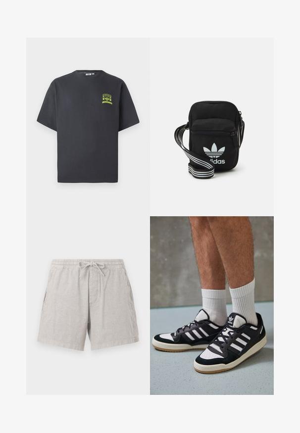 Charcoal gray Adidas T-shirt with short sleeves and a small neon green graphic of speakers, sun, and Adidas logo on left chest.; Gray linen shorts with an elastic waistband and a drawstring. Features side pockets and a relaxed fit, with a subtle texture.; Black and white sneakers with a suede and leather upper, featuring three white stripes, a perforated toe, and a gum rubber sole.; Black fabric crossbody bag with a zipper closure, featuring a white Adidas logo and a striped adjustable strap for easy carrying.