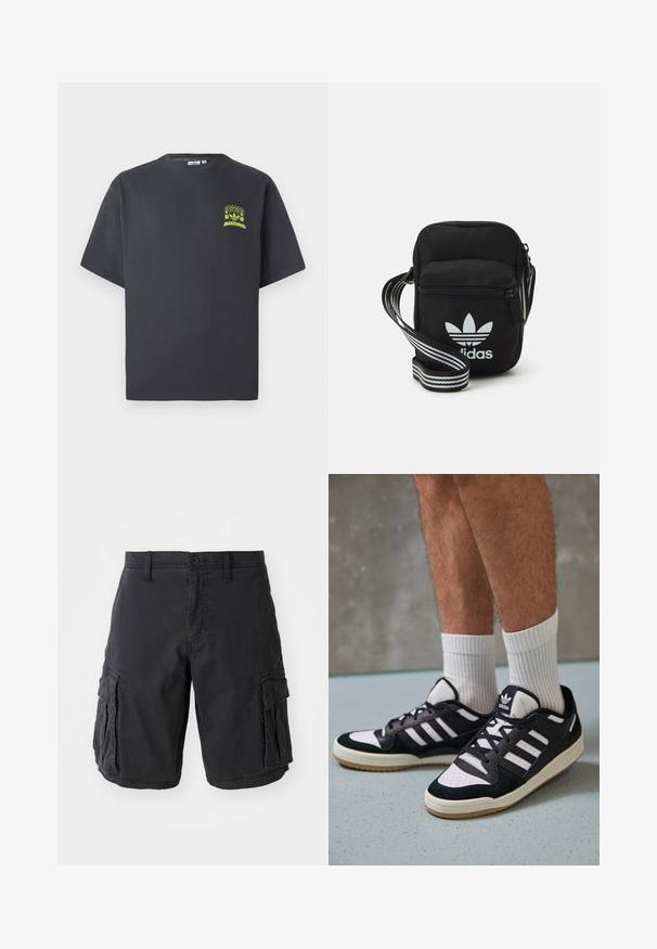 Tmavě šedé tričko Adidas s krátkým rukávem a malou neonově zelenou grafikou reproduktorů, slunce a loga Adidas na levé straně hrudníku.; Černé cargo šortky vyrobené z bavlny, vybavené několika bočními kapsami, zapínáním na knoflík a volně střiženým stylem. Hladký povrch a pevné švy.; Černobílé tenisky s vrchní částí z semišové a kožené kůže, včetně tří bílých pruhů, perforovaného špičky a podrážky z gumy.; Černá crossbody taška z látky se zipovým uzávěrem, obsahující bílé logo Adidas a pruhovaný nastavitelný popruh pro snadné nošení.